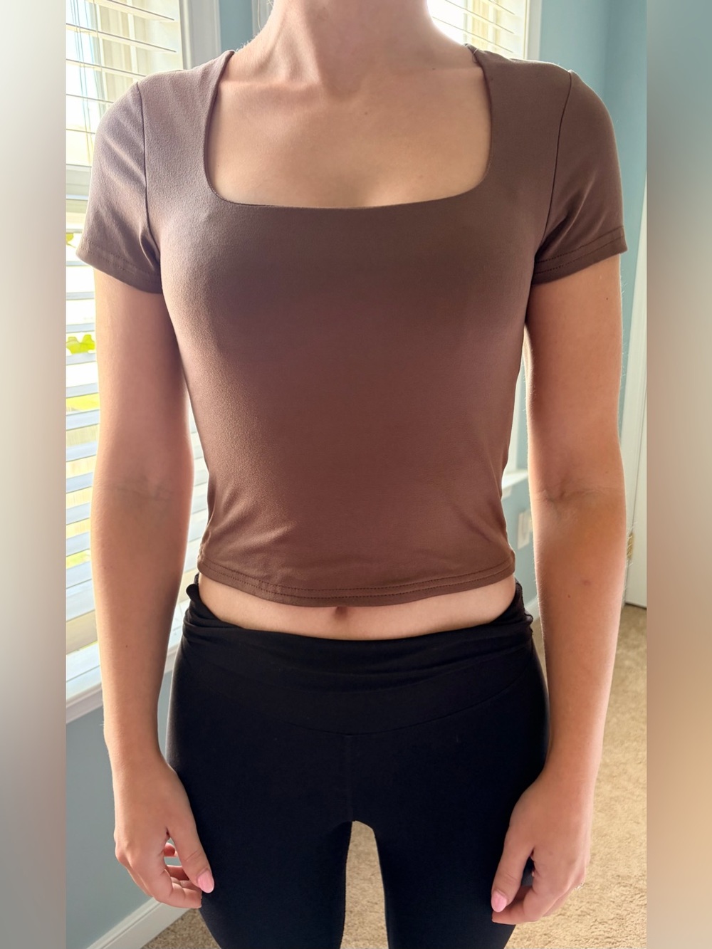 Blink Active Brown Cropped Square-Neck Top Size M